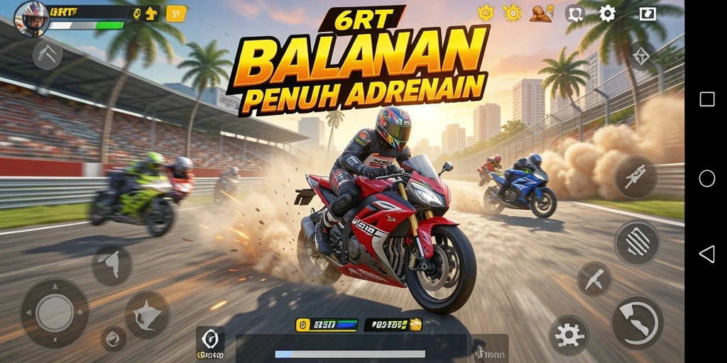 Screenshot gameplay 6RT yang menunjukkan balapan motor yang intens.