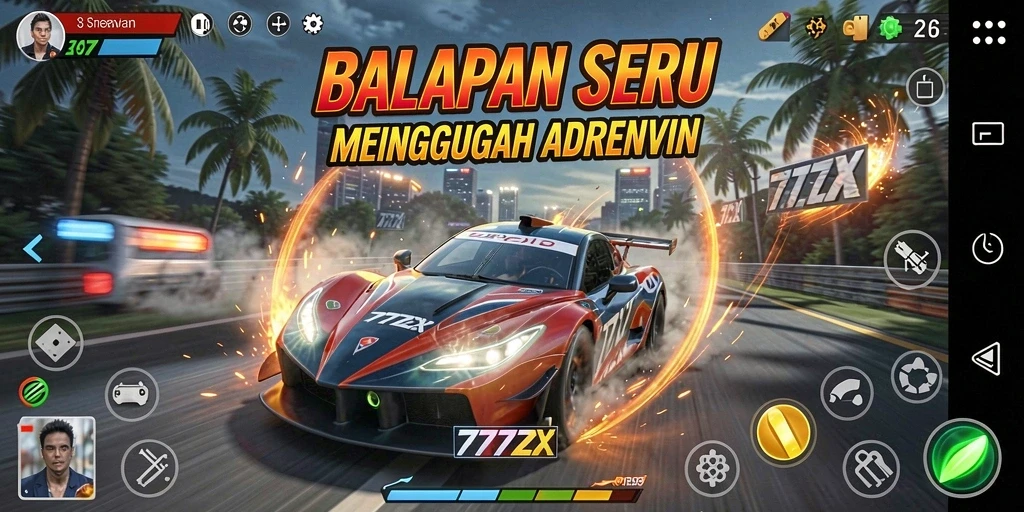 Tampilan gameplay 777ZX saat balapan di trek menegangkan.
