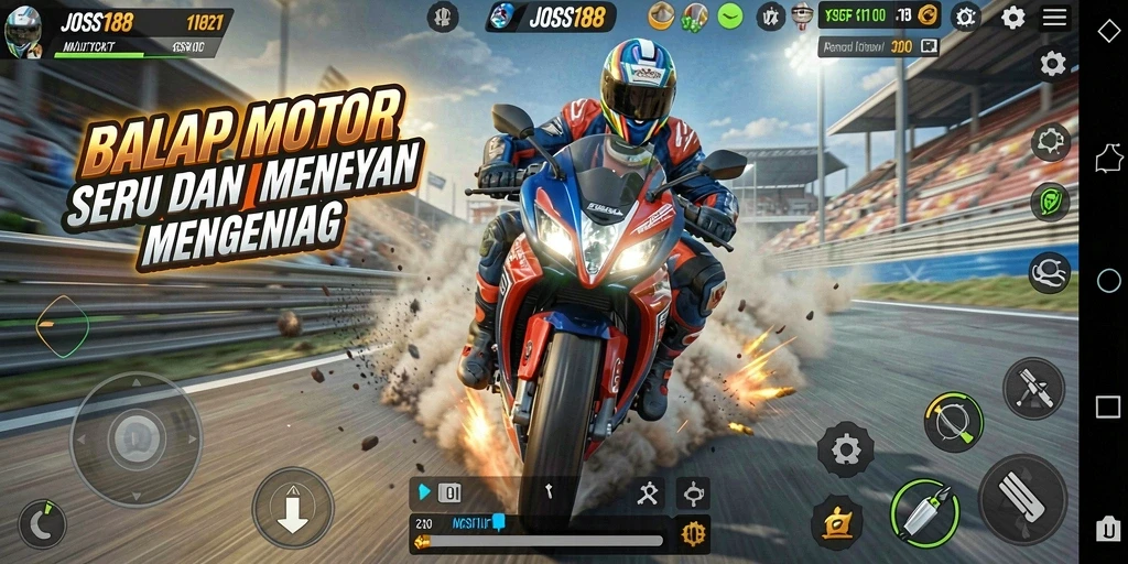 Tampilan gameplay seru dari JOSS188 saat balapan motor.