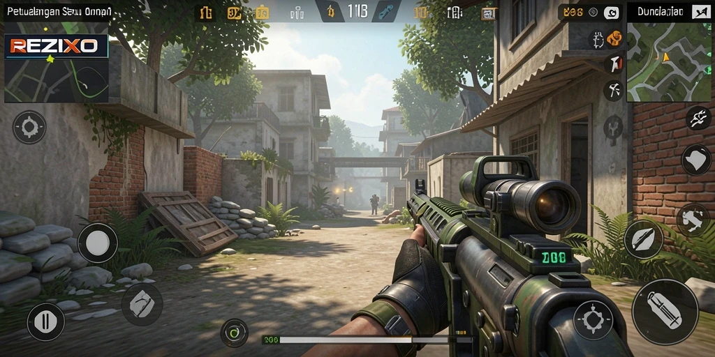 Tampilan gameplay seru di REZIXO dengan aksi tembak-menembak mendebarkan.