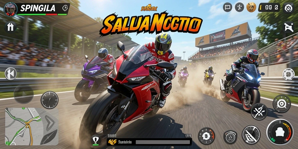 Tampilan gameplay SPINGILA dengan aksi balapan motor yang seru.