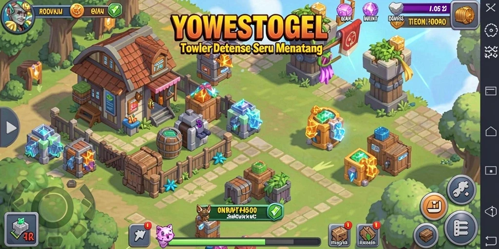 Tampilan gameplay YOWESTOGEL menampilkan strategi pembelaan yang intens dan menara beragam.